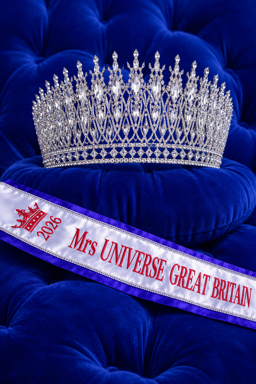 Luxury crown on navy silk for Mrs Universe Great Britain 2027 campaign